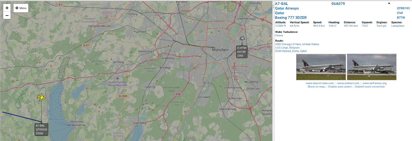 Virtual Radar screenshot showing second Qatar Airways plane on map