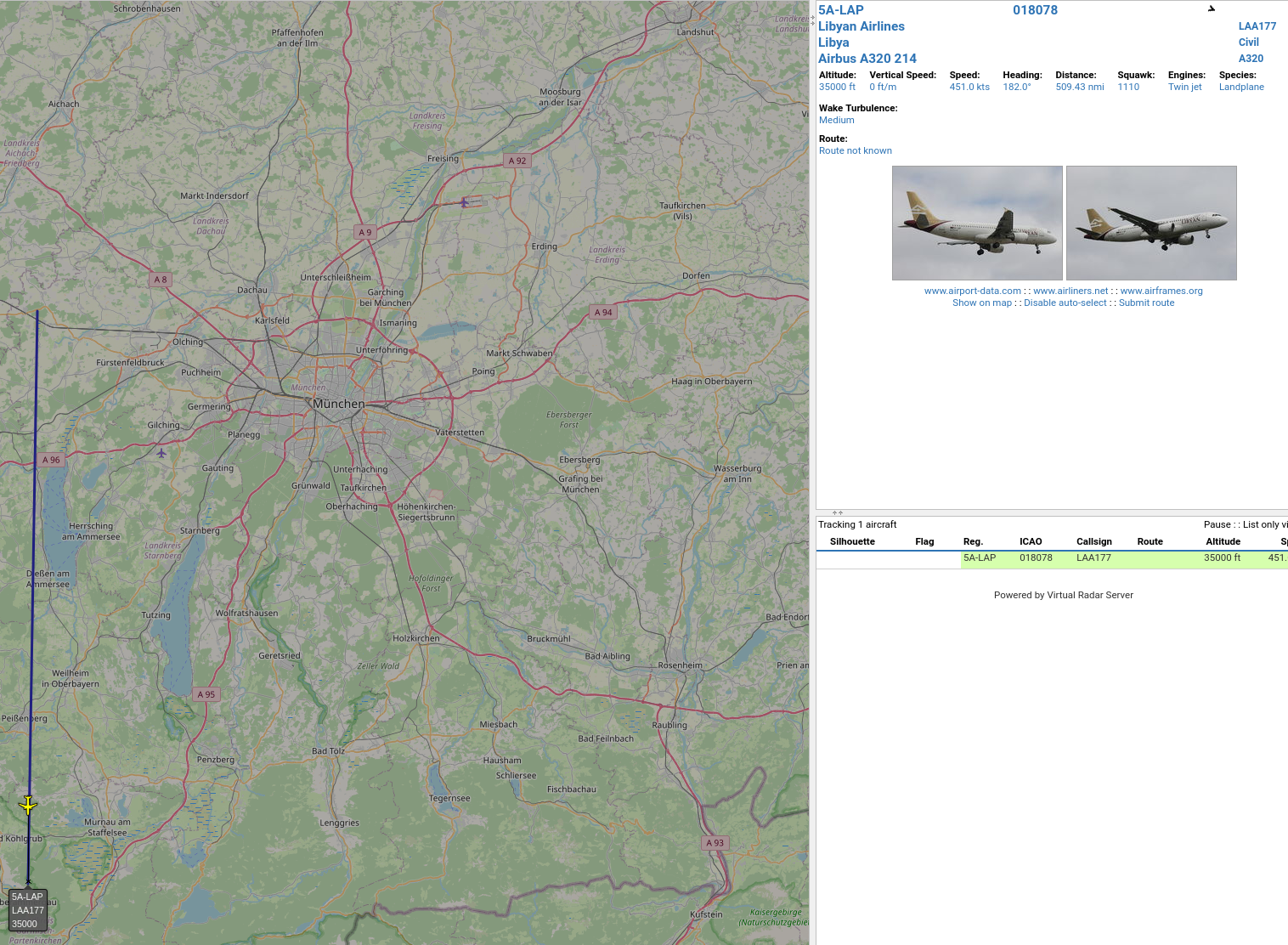 Virtual Radar screenshot showing Libyan Airlines plane on map heading directly south
